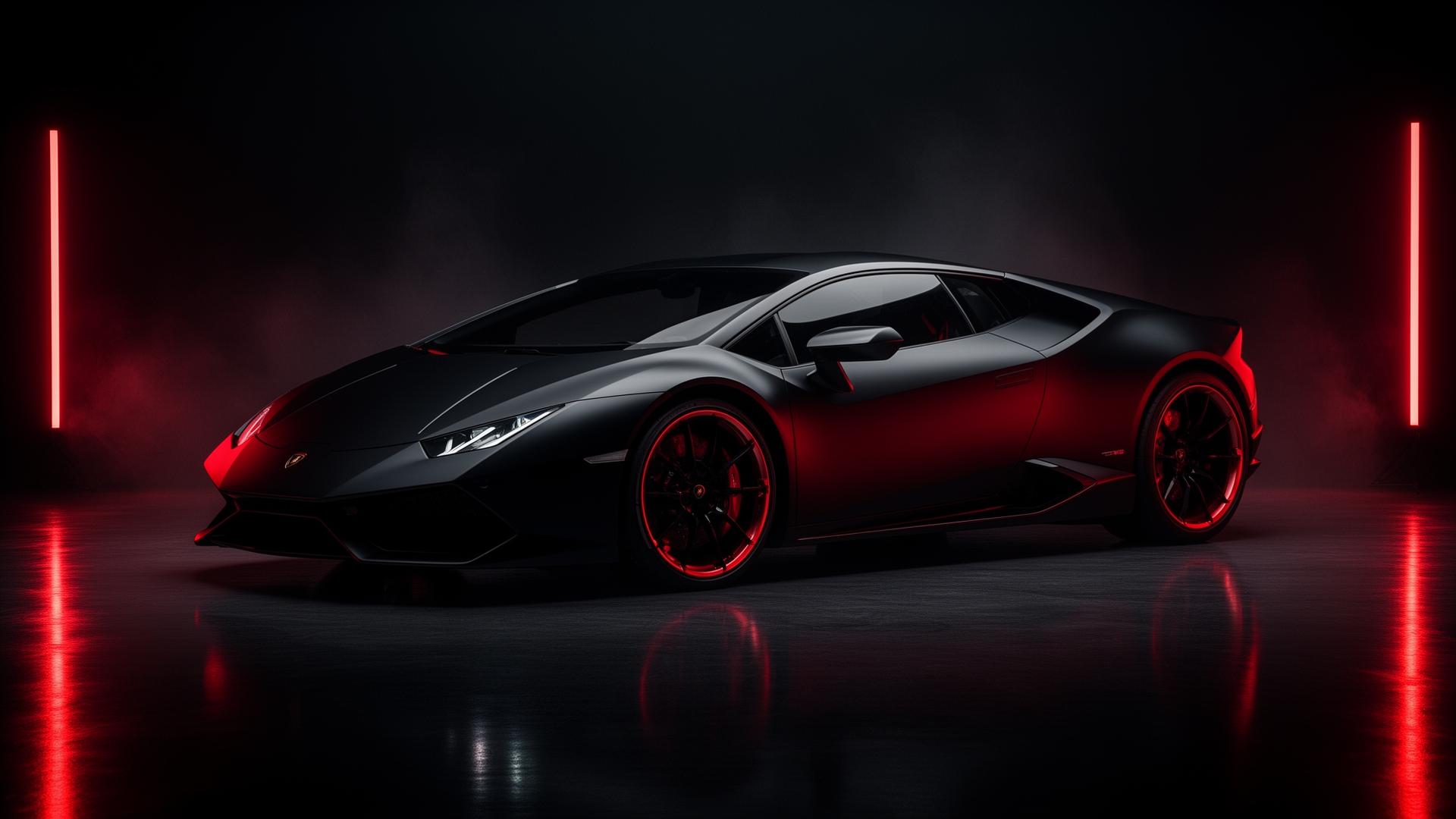 Luxury black supercar in cinematic red lighting
